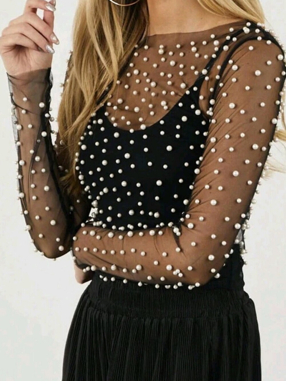 Black Pearl-Embellished Mesh Long Sleeve Top - Women's